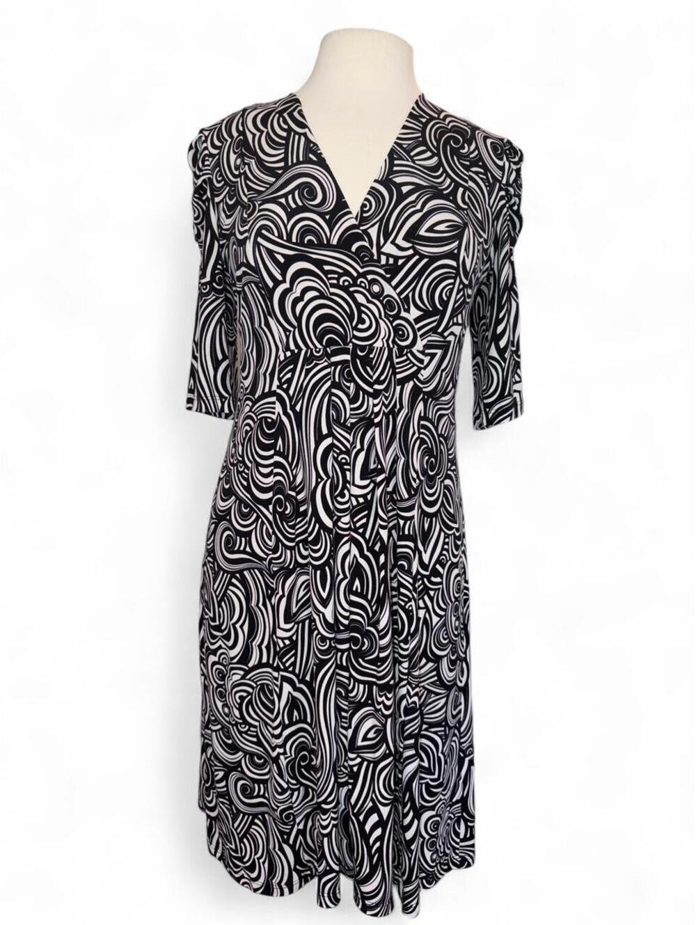 Laundry by Shelli Segal / Barbara Lesser Black & White Swirl FauxWrap Midi Dress
